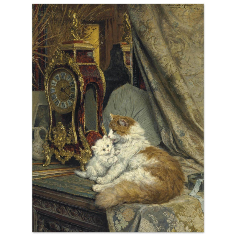 A Mother Cat and her Kitten with a Bracket Clock by Henriette Ronner Knip