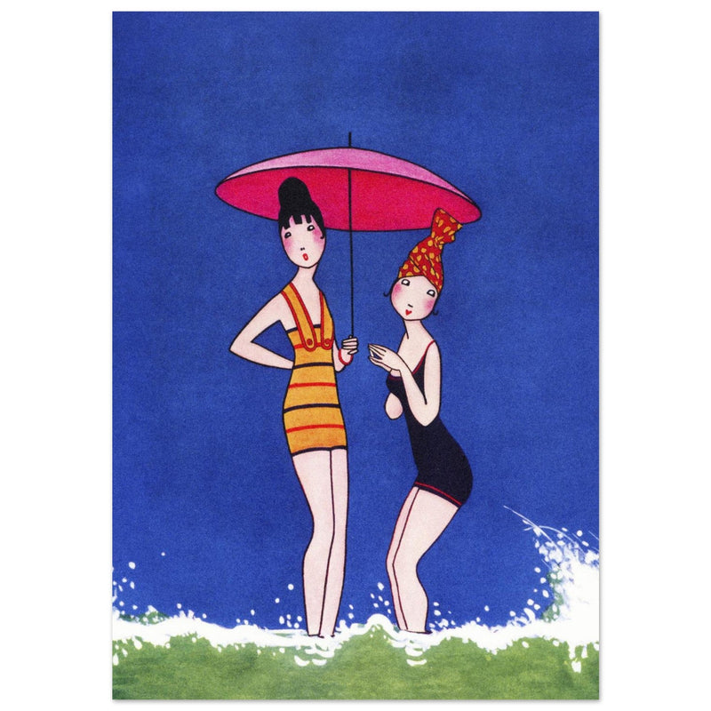 Anne Harriet Fish illustration for a cover magazine. Two women in bathing suit at the beach.
