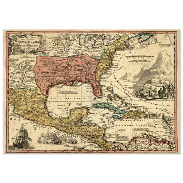 Ancient map of North America. Regni Mexicani seu Novae Hispaniae, Ludovicianae, N. Angliae, Carolinae, Virginae et Pennsylvaniae by Johann Baptist Homann