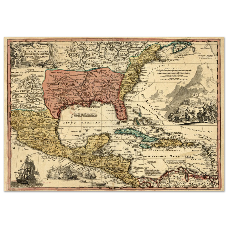 Ancient map of North America. Regni Mexicani seu Novae Hispaniae, Ludovicianae, N. Angliae, Carolinae, Virginae et Pennsylvaniae by Johann Baptist Homann