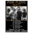 Pink Floyd music concert poster part of tour 72 Rainbow Theatre London.