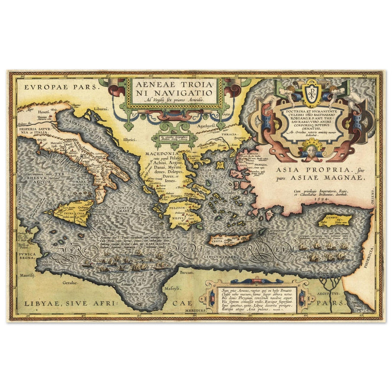 Ancient map of Europe and Asia tracing the sea route to Troy across the Mediterranean sea by Abraham Ortelius