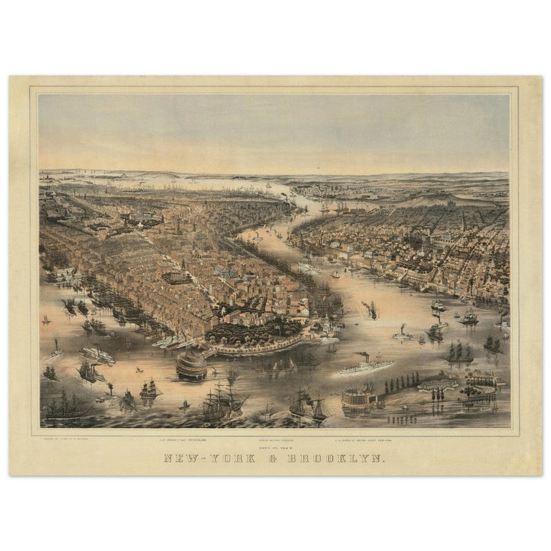 New York City aerial view. 1852 Vintage antique map reproduction.