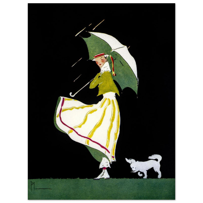 Ethel M Plummer illustration for vintage fashion magazine cover. Woman with umbrella and her dog.