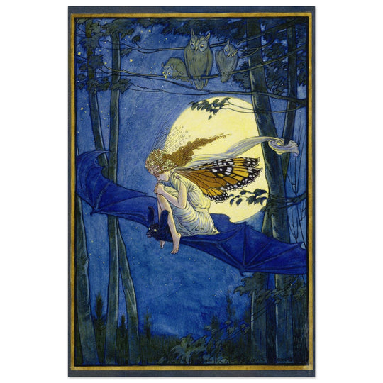 Ariel on a bat's back illustration by Louis Rhead