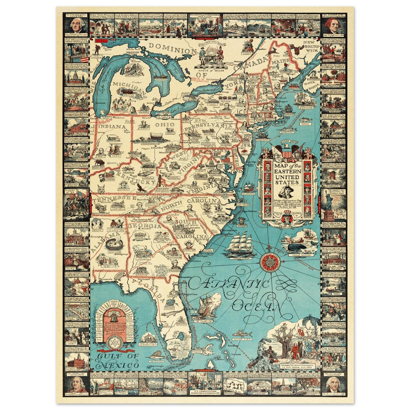 Vintage pictorical map of Map of the Eastern United States by Griswold Tyng. History of the USA.