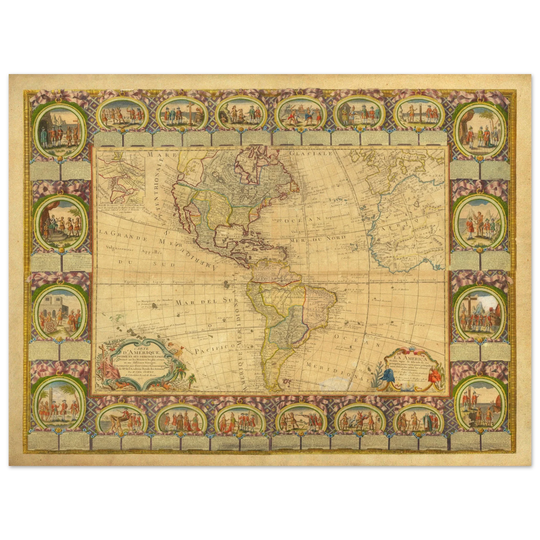 Ancient illustrated map of America. Poster of old cartography of the XVIII Century. Fine art .