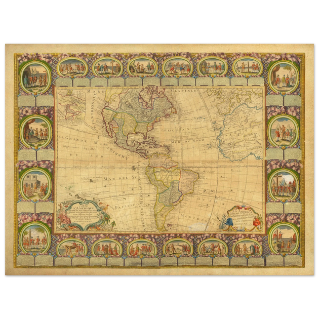 Ancient illustrated map of America. Poster of old cartography of the XVIII Century. Fine art .