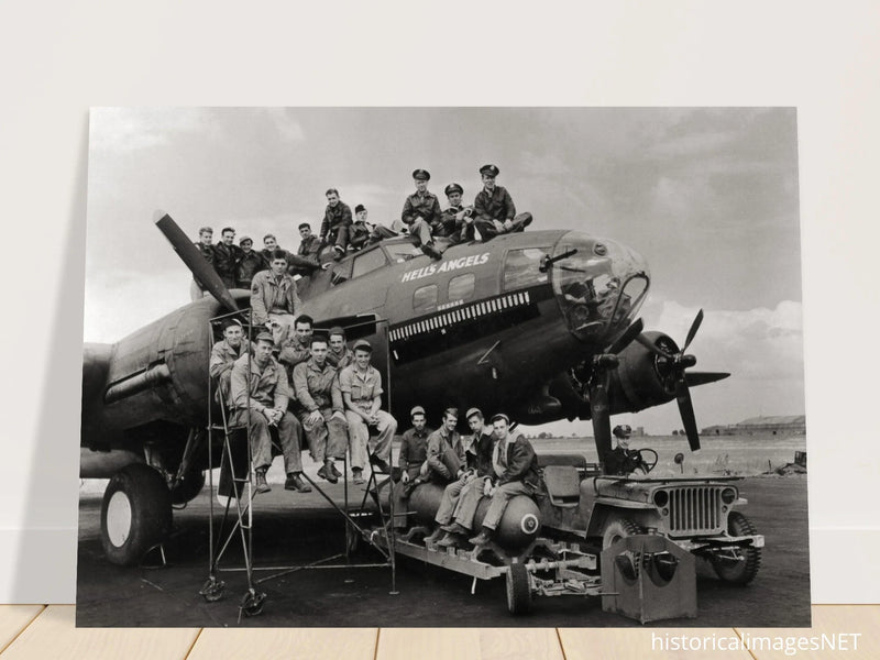B-17 airplane with crew Hell's Angels. World war 2 poster.