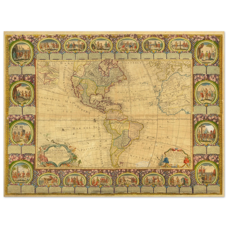 Ancient illustrated map of America. Poster of old cartography of the XVIII Century. Fine art .