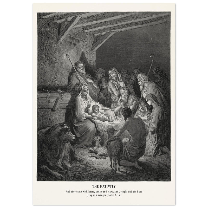 Gustave Dore The Bible engraving print . The Nativity illustration . The birth of Jesus Christ in Bethlehem