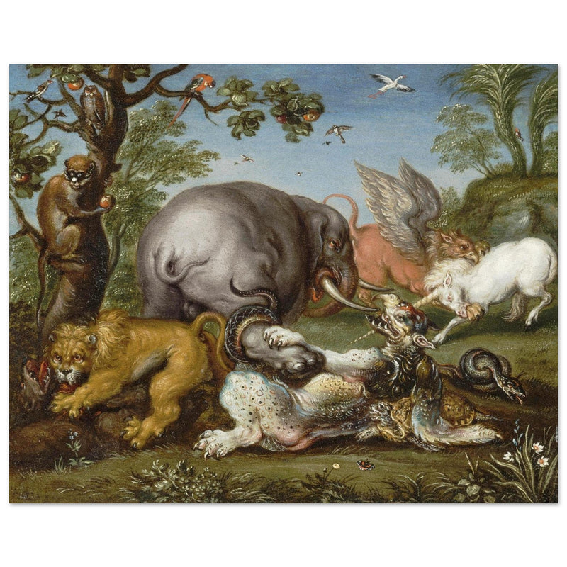 Battle of the beasts painting by Circle of Roelandt Savery  XVII Century.