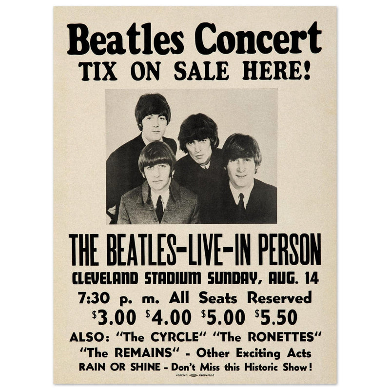 The Beatles music poster. Performance in Cleveland Ohio stadium in 1966.