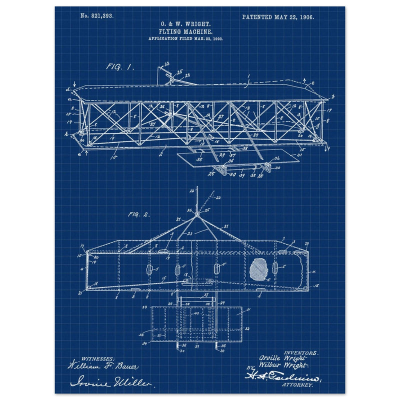 Flying machine patent 1906 by the Wright brothers. Vintage airplane.