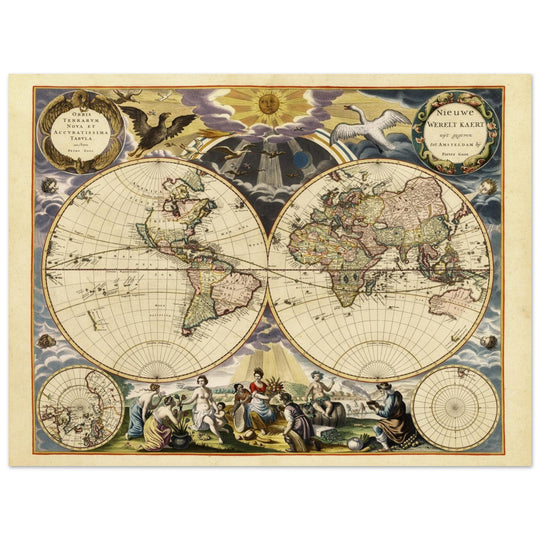 World map reproduction of the XVII century by Pieter Goos illustrated map