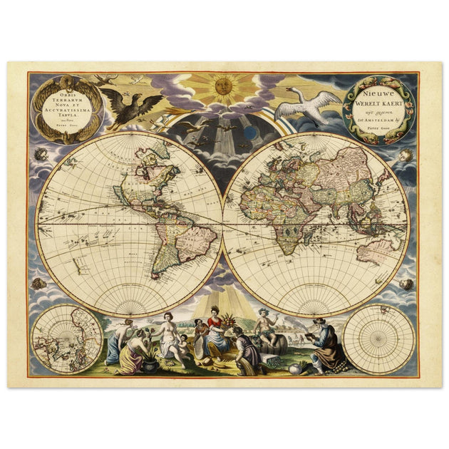 World map reproduction of the XVII century by Pieter Goos illustrated map