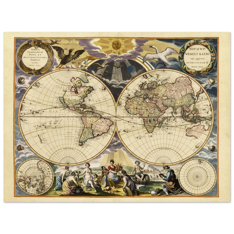 World map reproduction of the XVII century by Pieter Goos illustrated map