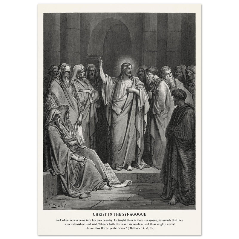 Gustave Dore The Bible engraving print . Christ in the synagogue illustration .