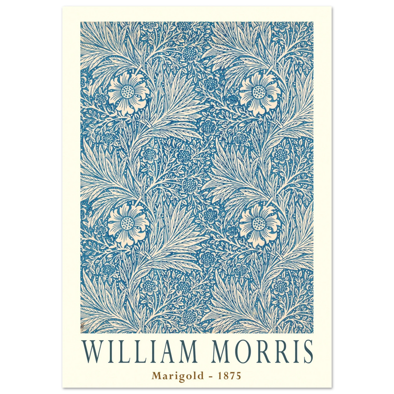 William Morris Marigold art print. Vintage wallpaper reproduction. Blue floral pattern.