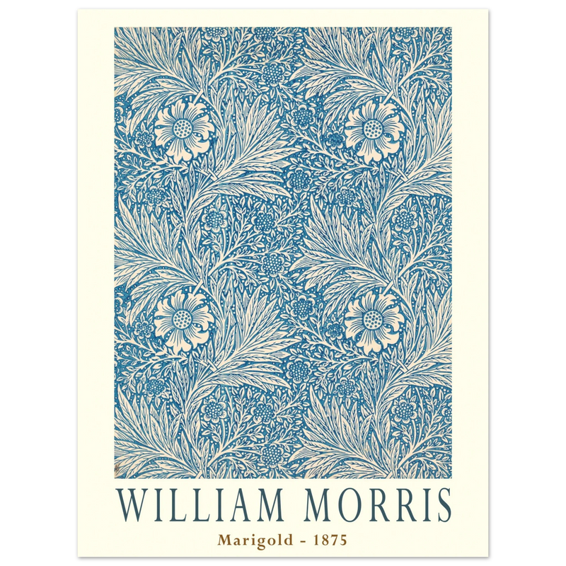 William Morris Marigold art print. Vintage wallpaper reproduction. Blue floral pattern.