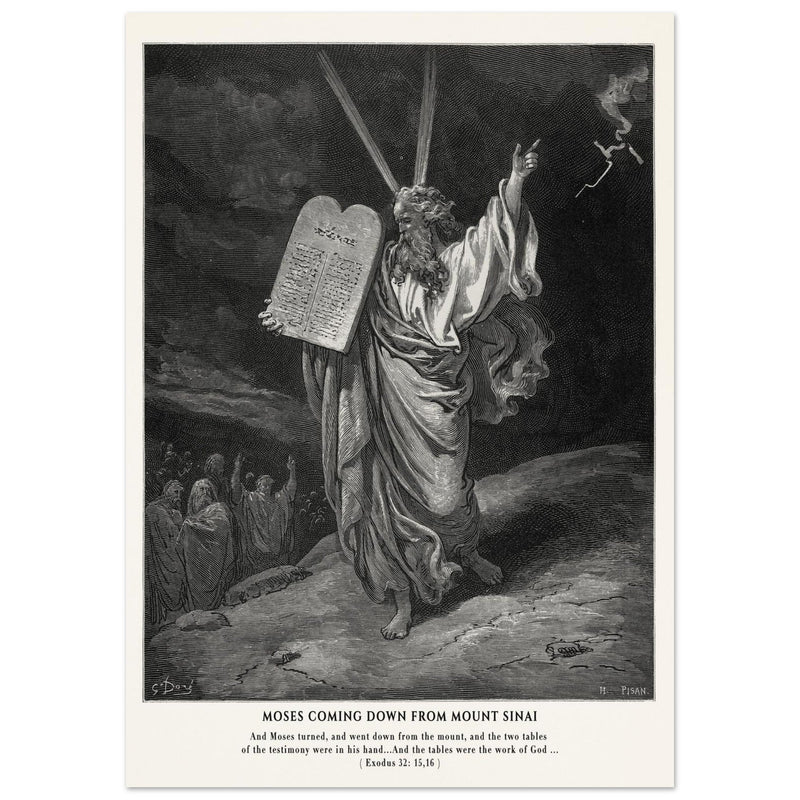 Gustave Dore The Bible engraving print . Moses coming down from Mount Sinai .