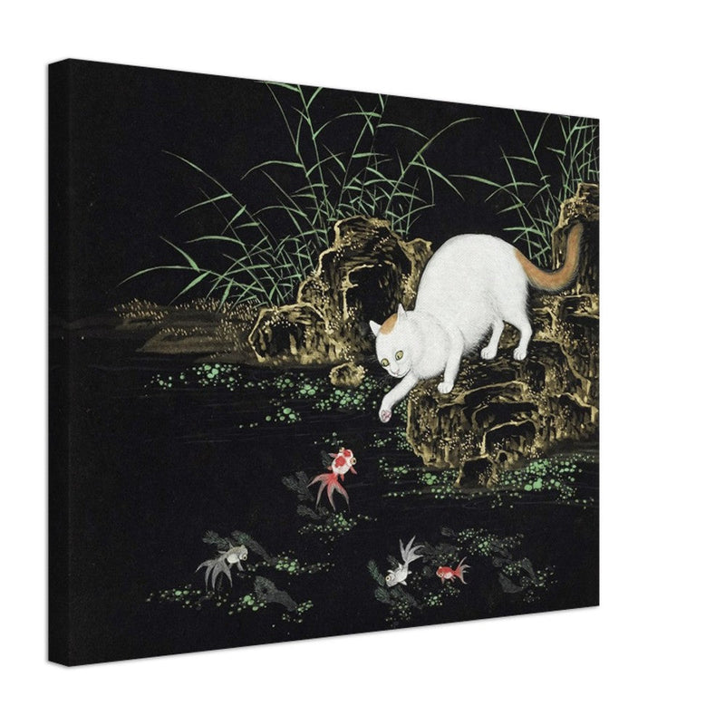 Cats amd fishes in pond. Oriental old painting by Shen Zhenlin.