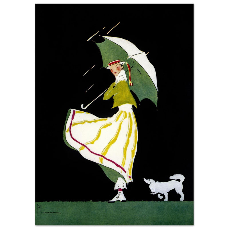 Ethel M Plummer illustration for vintage fashion magazine cover. Woman with umbrella and her dog.