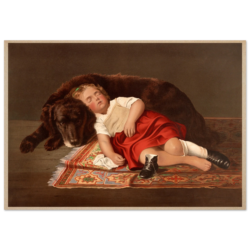 Young girl sleeping with her dog vintage poster reproduction 1871