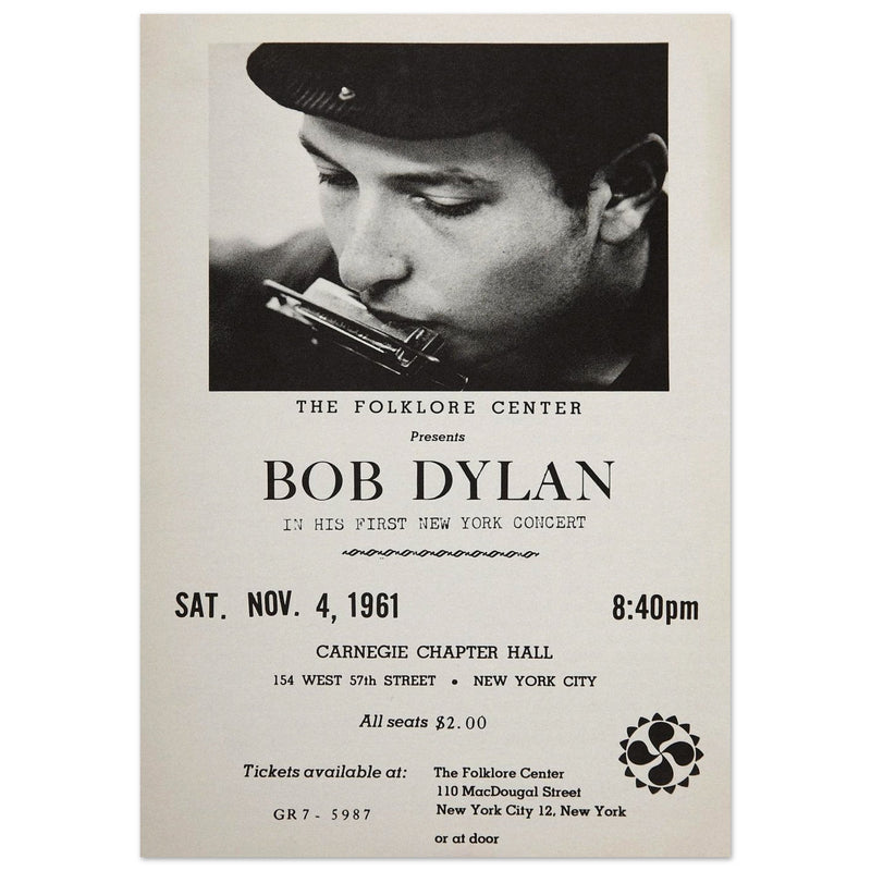 Bob Dylan concert poster in Carnegie Chapter Hall 1961.