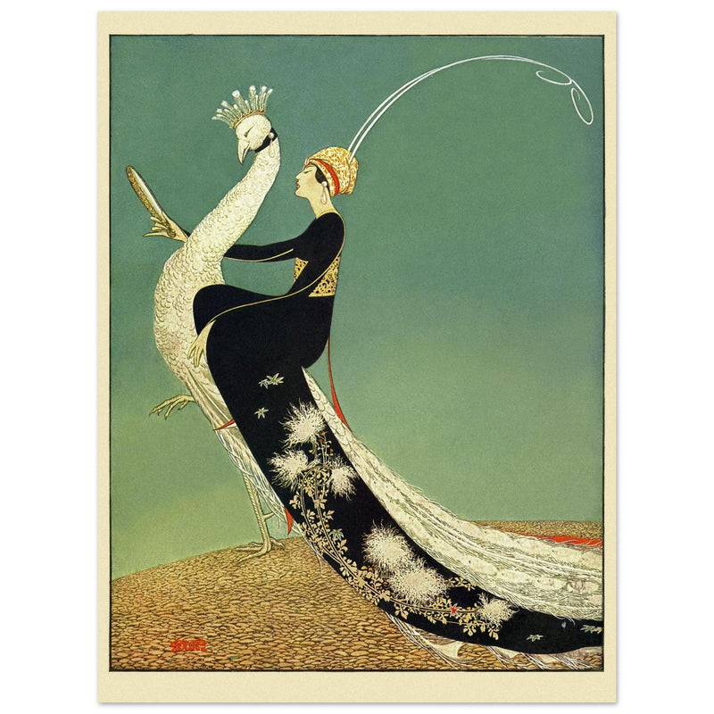 George Wolfe Plank fashion magazine cover of 1918. Woman riding peacock.