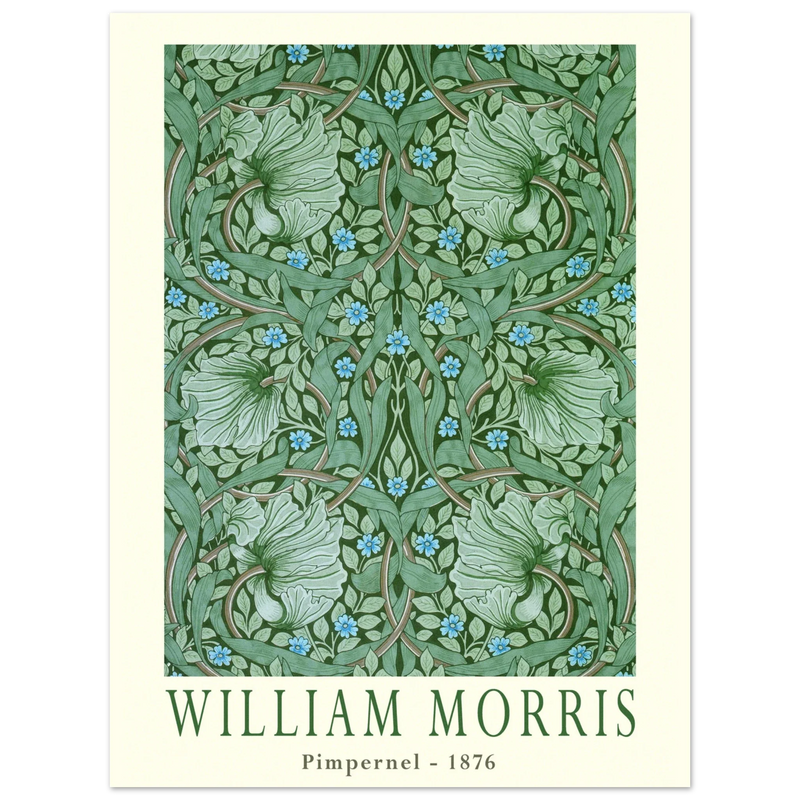 William Morris Pimpernel 1876. Green leaves and flowers wintage wallpaper art print.