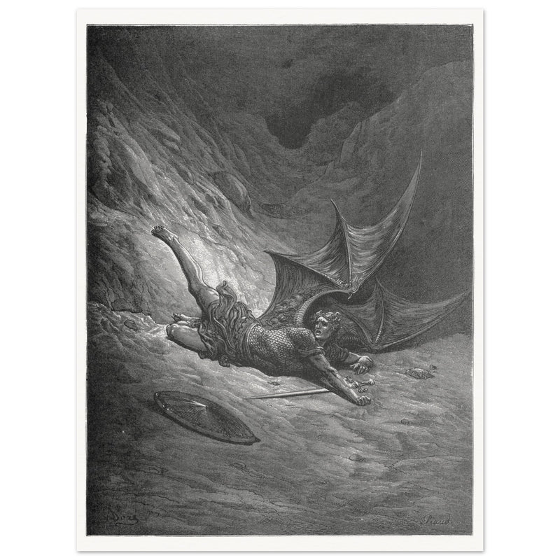Gustave Dore Paradise Lost engraving . Satan wounded in battle experiences pain for the first time.