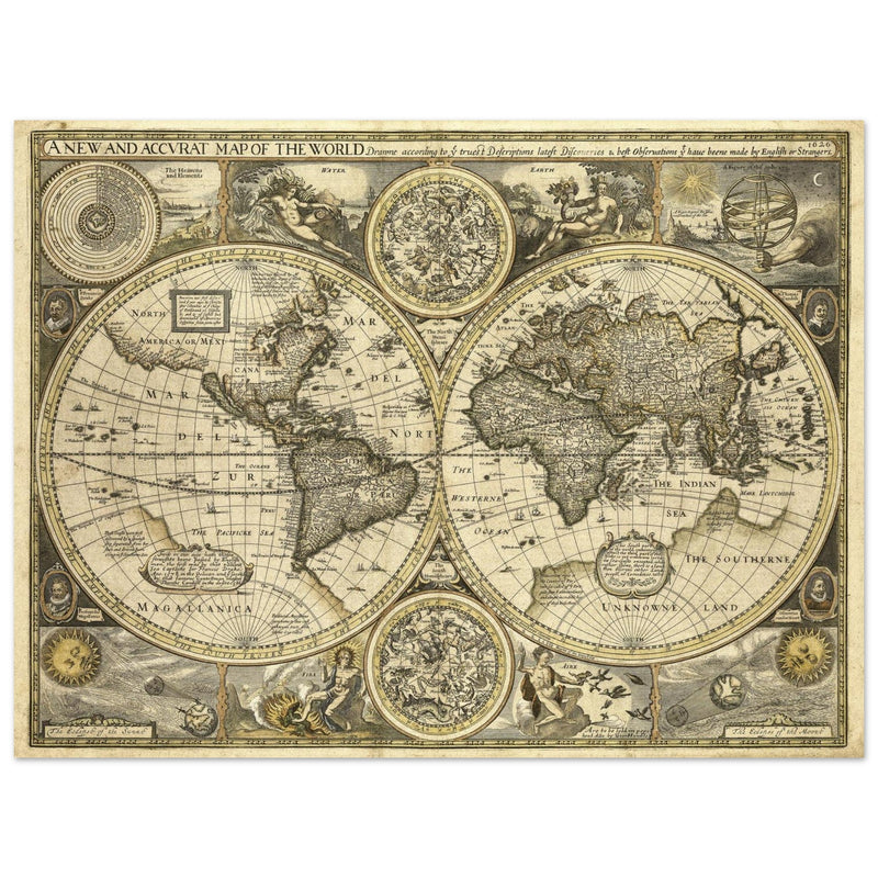 Old World map 1626. John Speed famous double hemisphere cartography with beautiful illustrations.