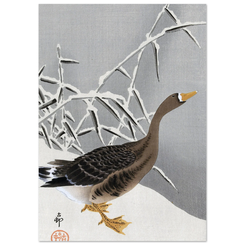 White-fronted goose in the snow by Ohara Koson