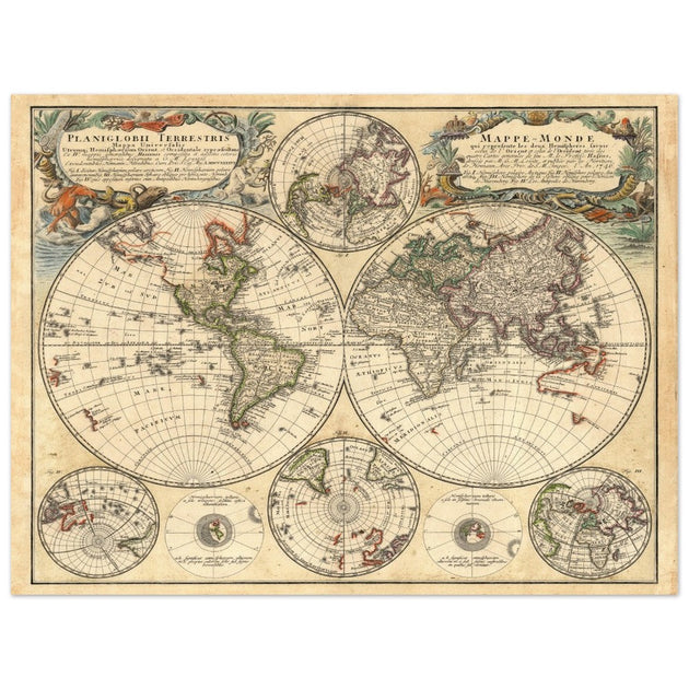 1759 Ancient historic world map. Double hemispheric world vintage map.