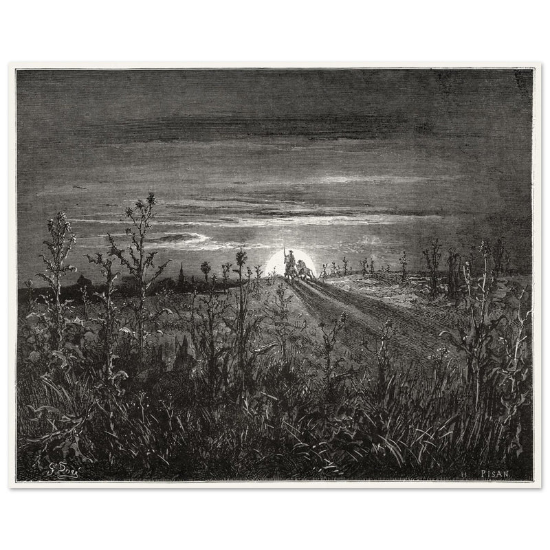 Don Quixote and Sancho Panza riding towards the sun illustration by Gustave Dore.