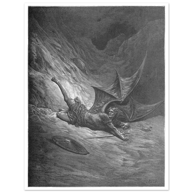 Gustave Dore Paradise Lost engraving . Satan wounded in battle experiences pain for the first time.