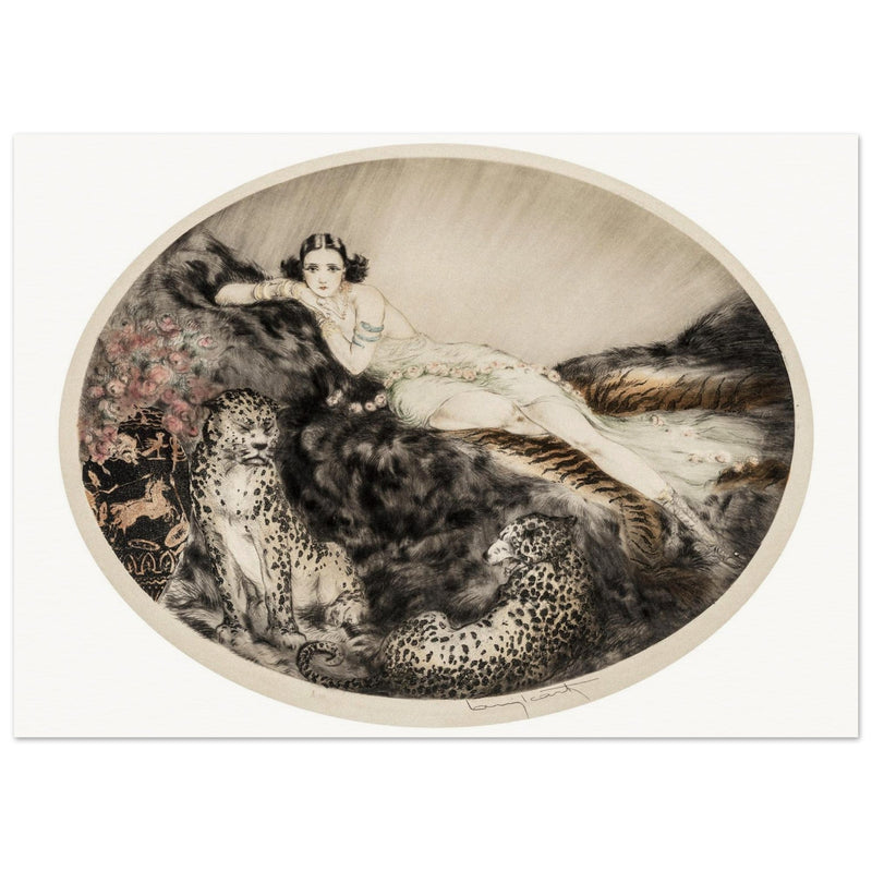 Louis Icart vintage illustration Thaïs   Lady with Leopards