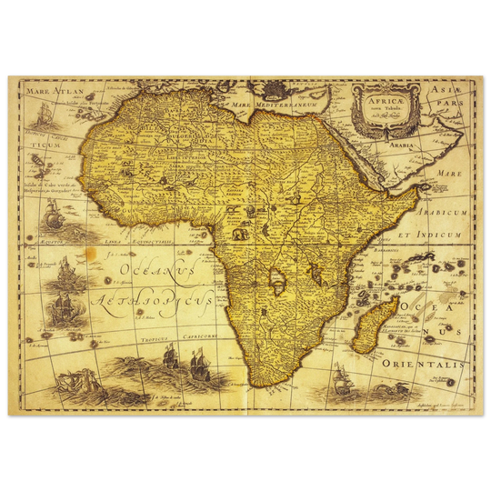 Africa ancient vintage map print reproduction. African continent cartography of 1680 by Hendrik Hondius
