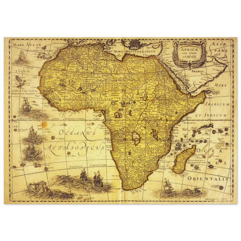 Africa ancient vintage map print reproduction. African continent cartography of 1680 by Hendrik Hondius