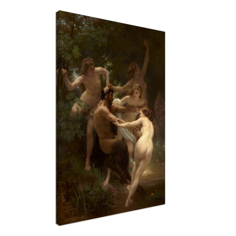 Nymphs and Satyr canvas by William Adolphe Bouguereau. Antique painting reproduction. Greek mythology.