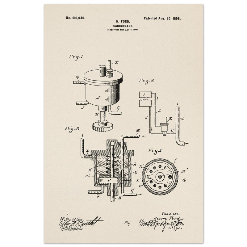 Carbureter vintage patent illustration by John Ford.