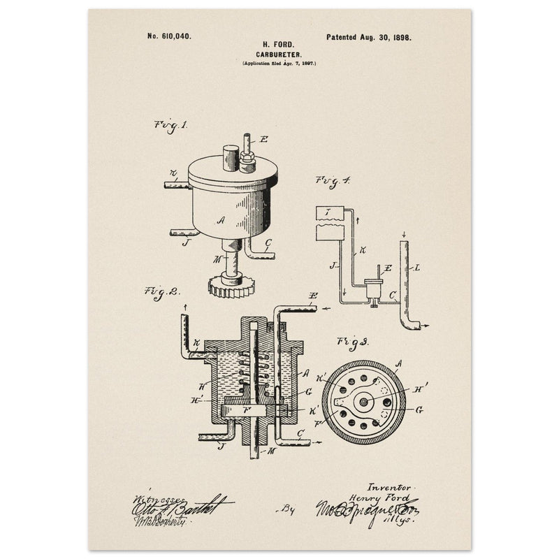Carbureter vintage patent illustration by John Ford.