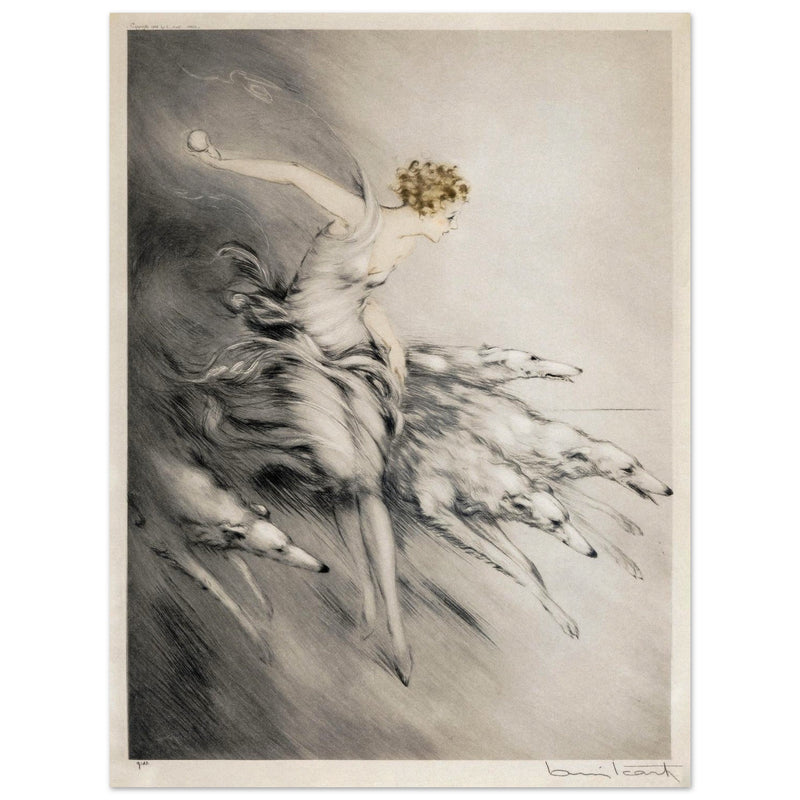 Louis Icart L' Elan 1928 Young woman with greyhound dogs Art Deco style.