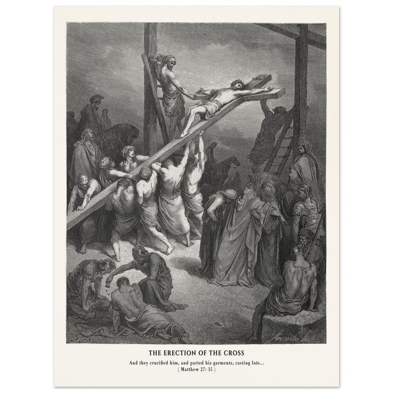 Gustave Dore The Bible engraving print . The Crucifixion  illustration .The erection of the cross.