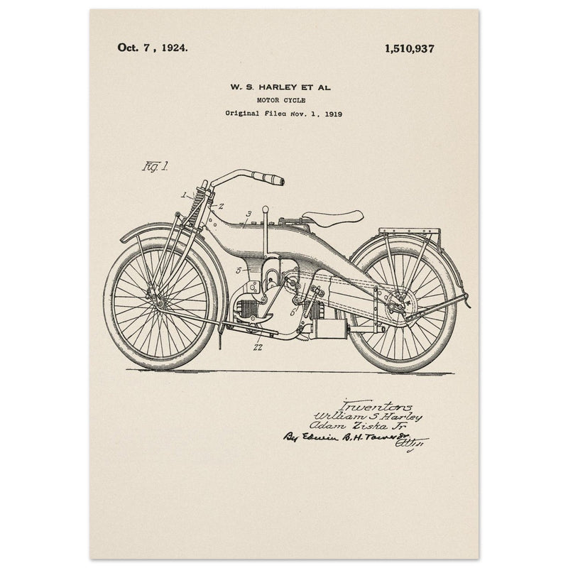 Vintage motorcycle patent by William S Harley founder of harley davidson.