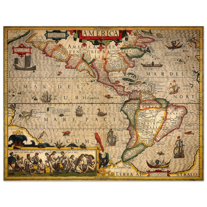 America old map print. Poster reproduction of the american continent year 1630 by Hendrik Hondius