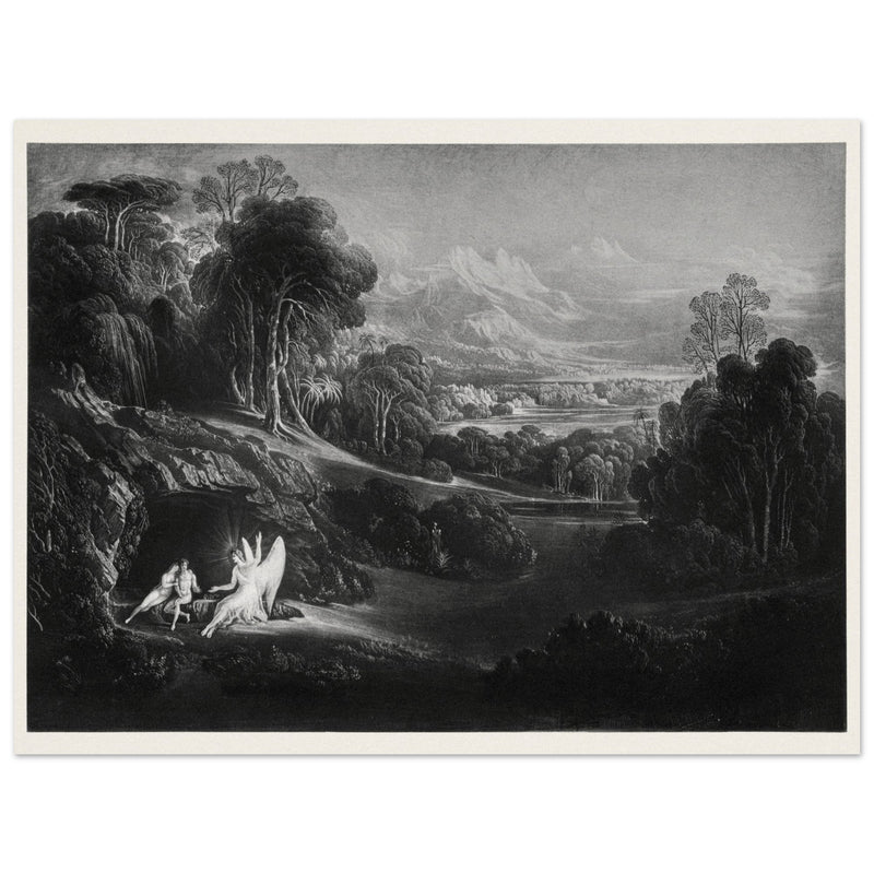 John Martin Paradise Lost vintage mezzoting engraving . Raphael Conversing with Adam and Eve .