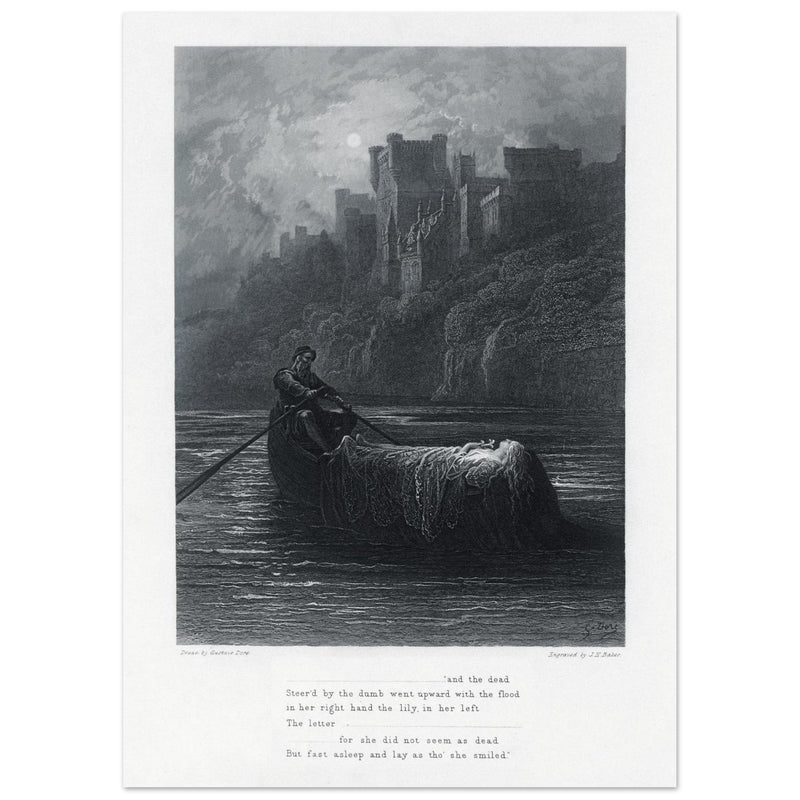 Gustave Dore illustration .The Body of Elaine on its way to King Arthur's Palace. Idylls of the King by Alfred Tennyson.