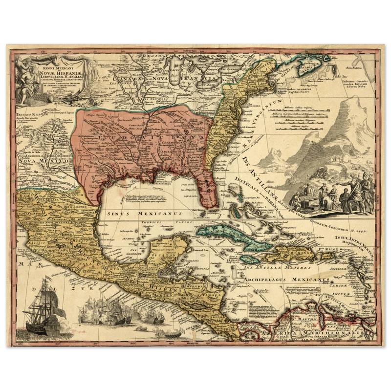 Ancient map of North America. Regni Mexicani seu Novae Hispaniae, Ludovicianae, N. Angliae, Carolinae, Virginae et Pennsylvaniae by Johann Baptist Homann